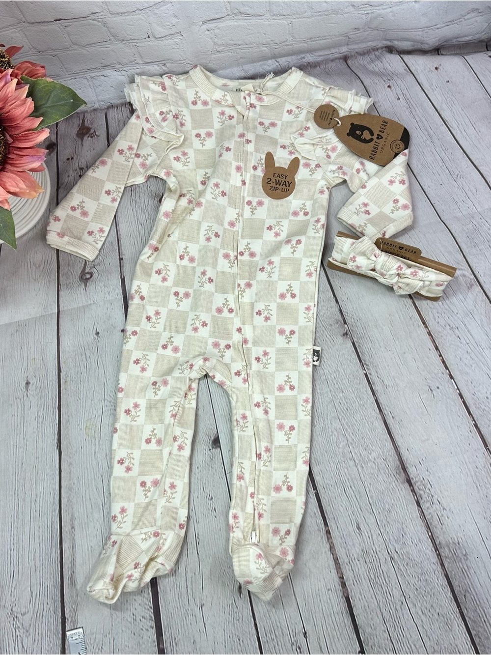 rabbit & bear one-piece set cottagecore floral check 6-9M headband ruffle footie